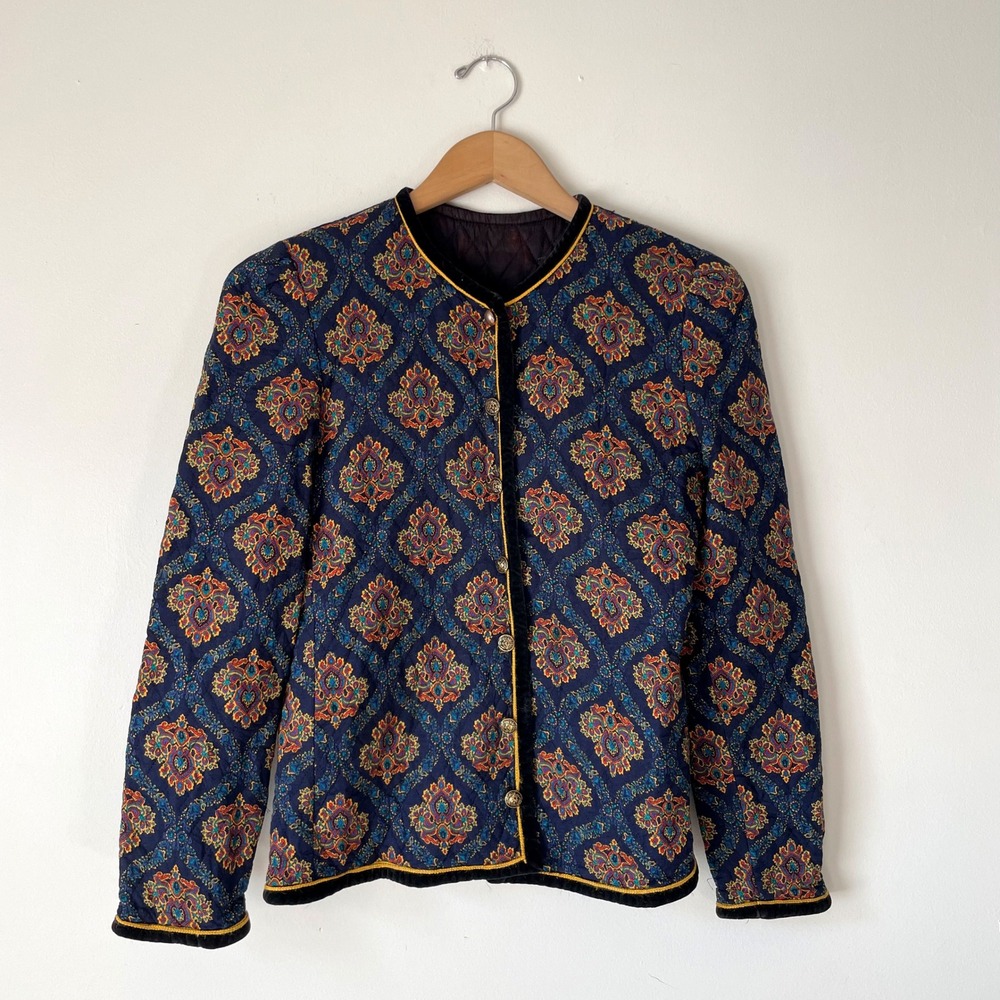 Vintage Quilted Paisley Jacket Velvet Trim XS-S Lightweight Artsy Cottage